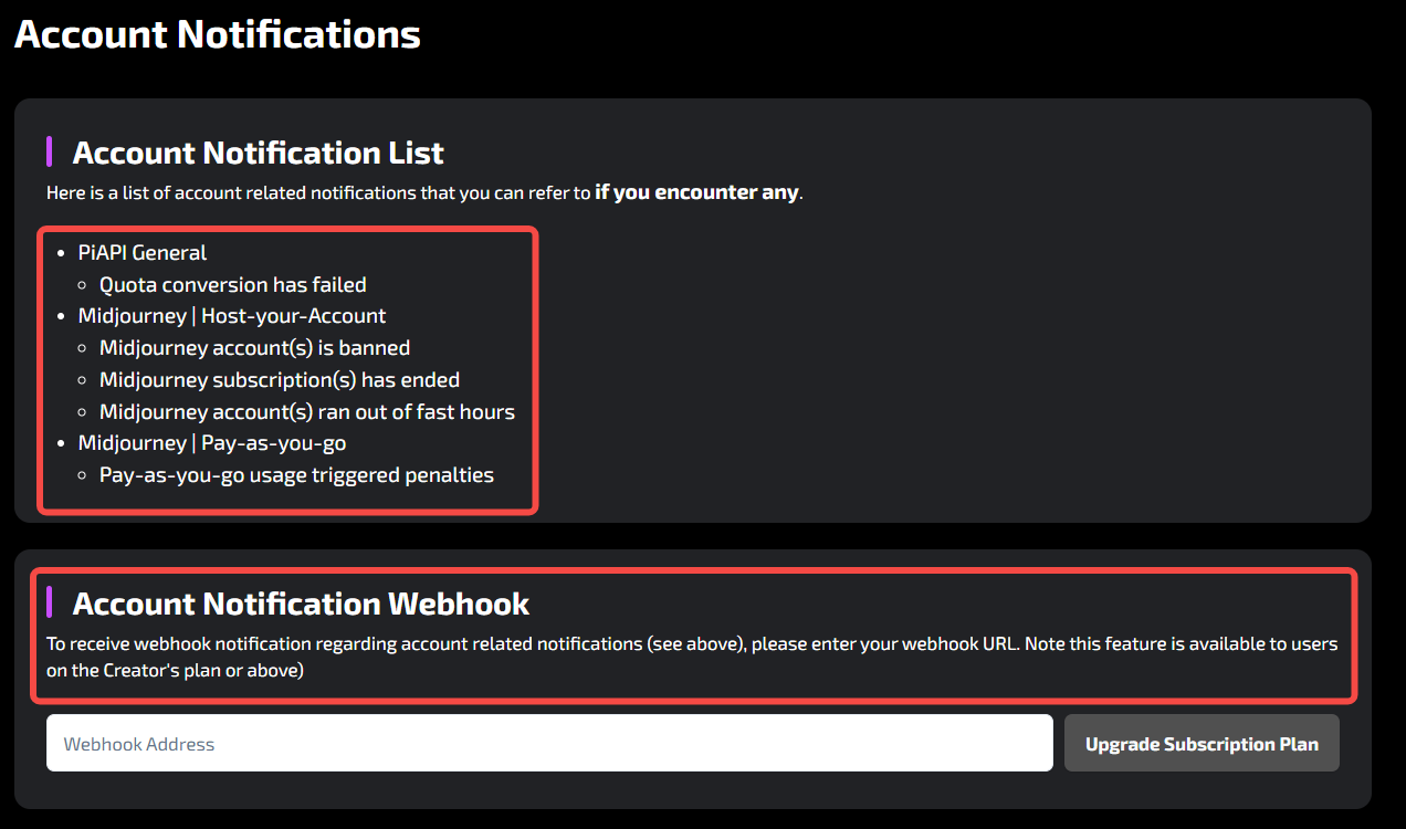 A screenshot of the Account Notifications section on PiAPI's workspace page with two red squares: one highlighting what PiAPI notifies you about, and the other highlighting the account notification webhook section