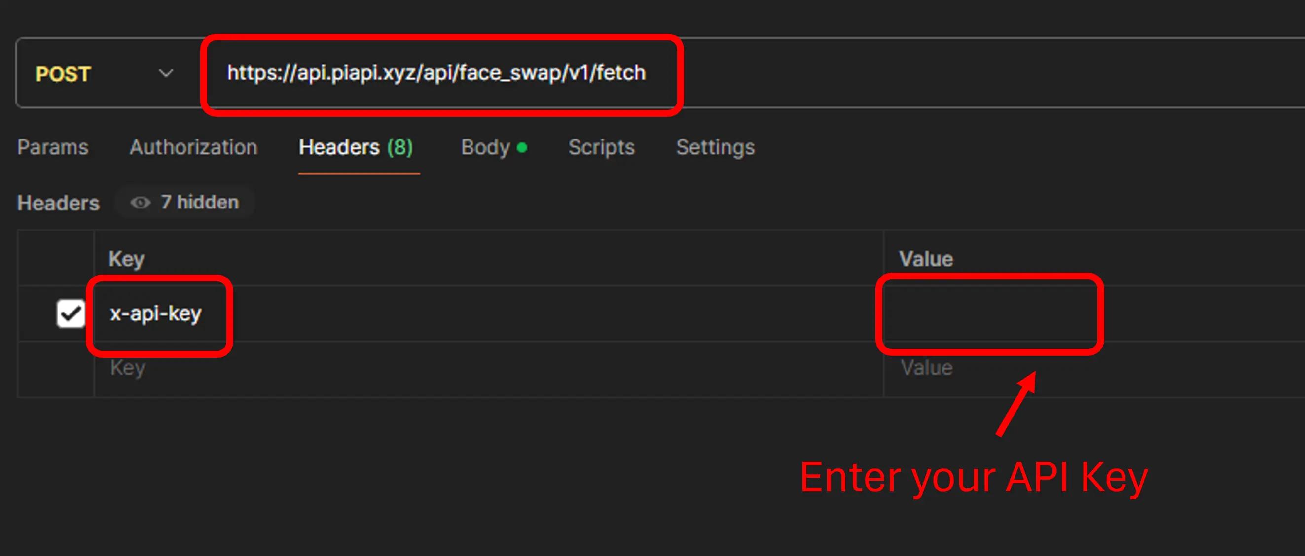 A setup tutorial of Faceswap API by entering x-api-key and users' API Key into the fetch endpoint in Postman