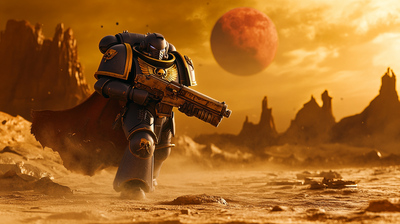 PNG image of a Warhammer 40k Space Marine walking through an alien desert with a red planet in the background, generated by Midjourney API