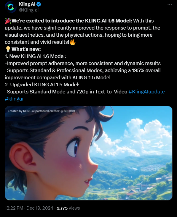 A screenshot of the official announcement on X about Kling 1.6