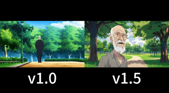 A video of an old man walking in a park in anime style, generated by Luma Dream Machine API in both version 1.0 and 1.5.