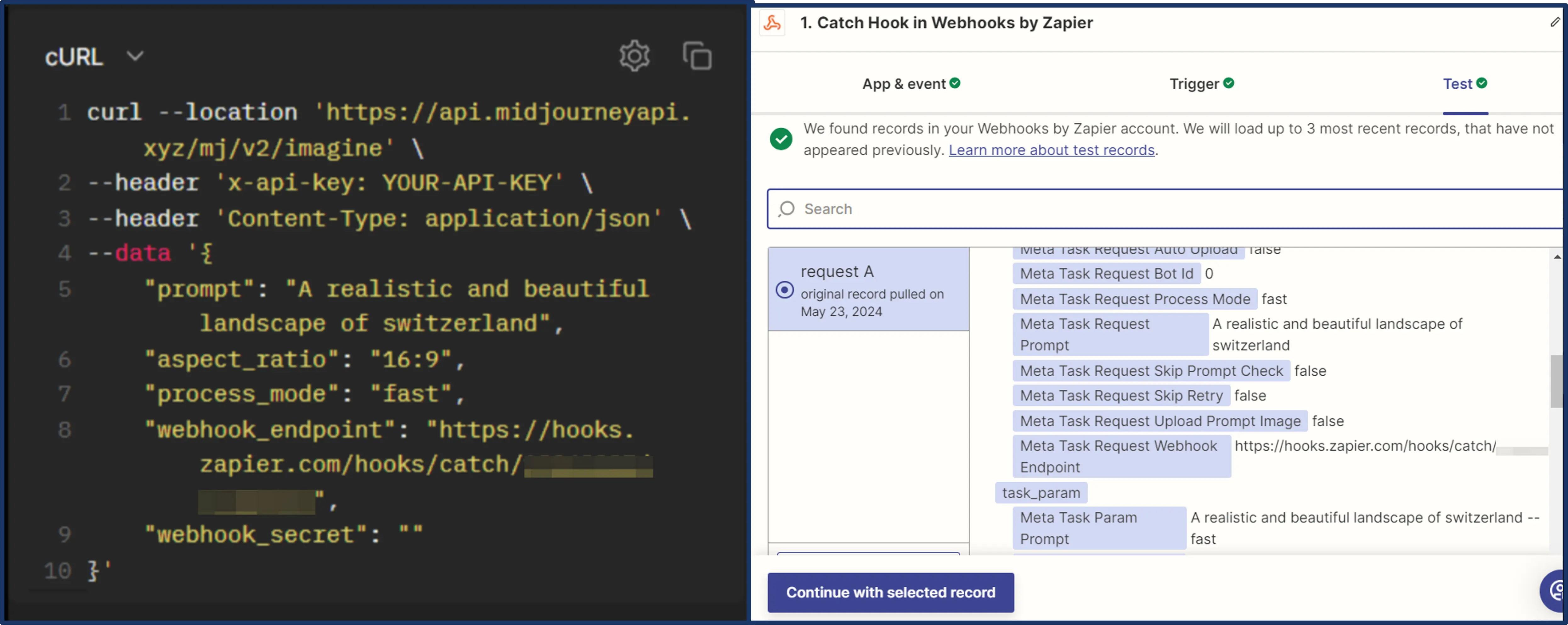 An image of the webhook's URL inserted in the API and the the testing section displays the response of the API with the data fields, based on the API's response layout.