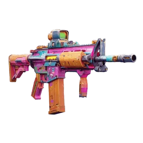 Colorful stylized 3D assault rifle in pink, orange, and teal, designed in a Fortnite-inspired game art style.