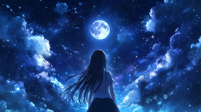 PNG image of a girl with her back towards the camera, looking at the sky, in the anime art style, generated by Midjourney API