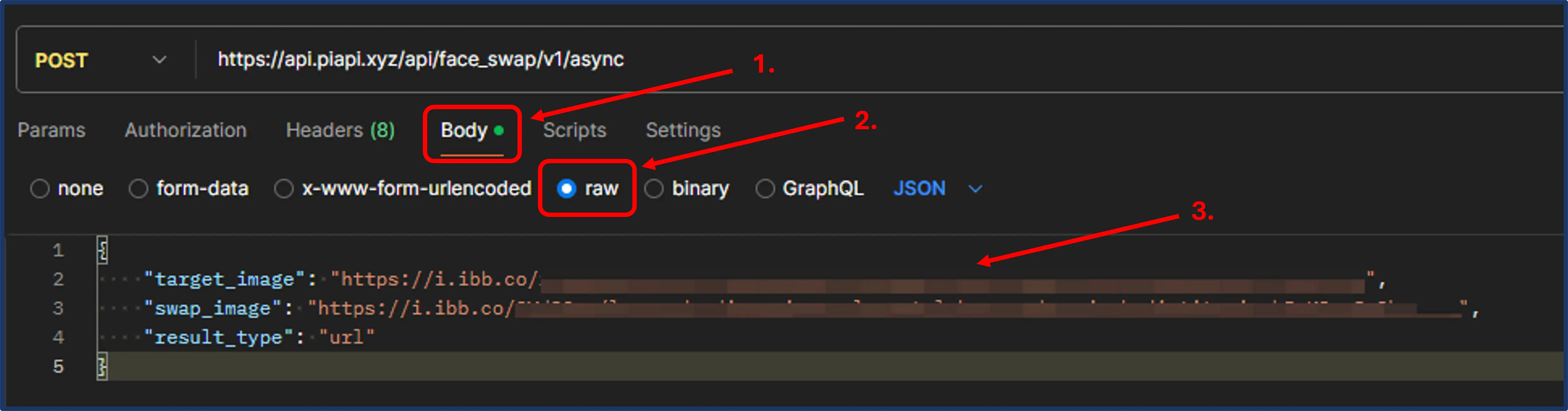 A setup tutorial for generating a Faceswap API request in Postman by entering the target_image and the swap_image URLs into the code under the "raw" section in "Body"