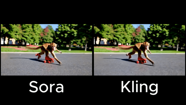GIF comparing Sora and Kling API video outputs of a monkey rollerskating on the street