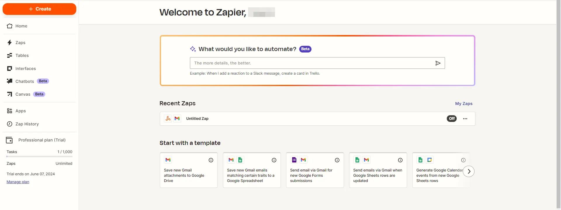 Zapier's dashboard