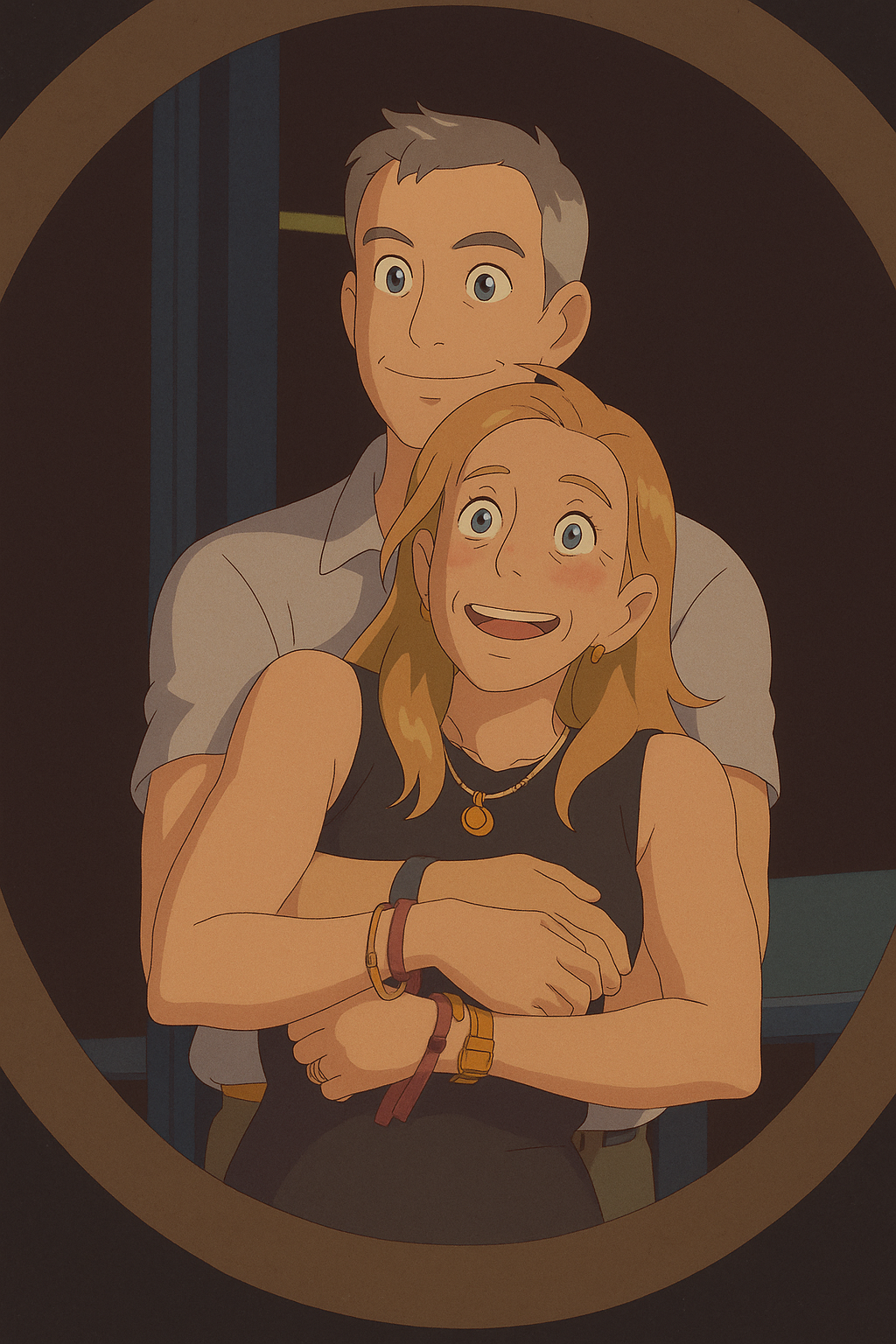 Alt text: Studio Ghibli generation of Coldplay Kiss Cam scandal
