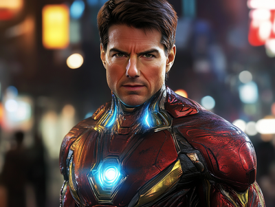 PNG image of Tom Cruise in an Iron Man suit staring into the camera, generated by Midjourney