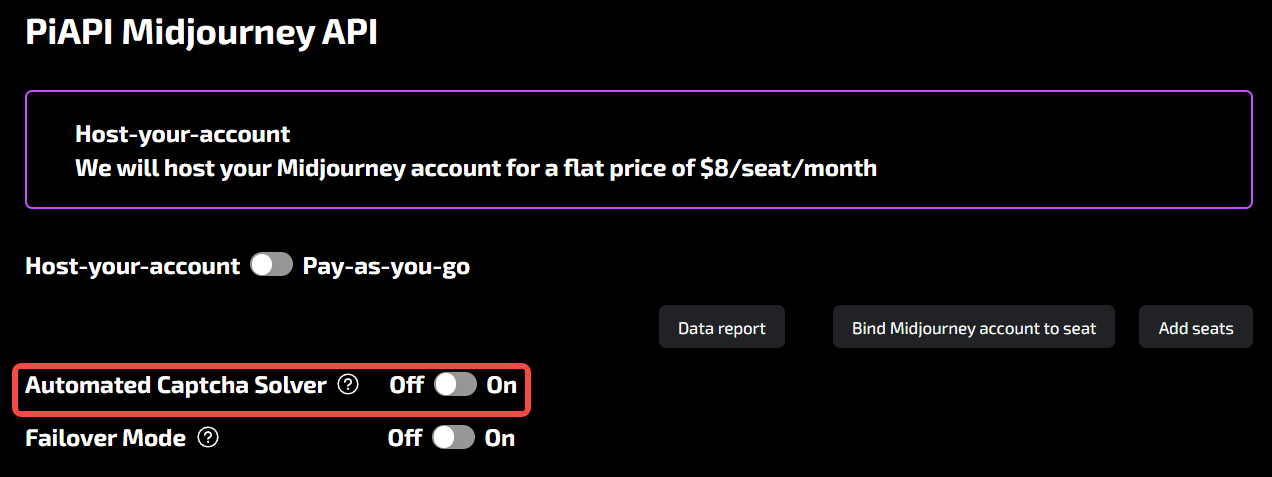 a screenshot of PiAPI's Midjourney Workspace page with a red box highlighting where to turn on the Automated CAPTCHA Solver