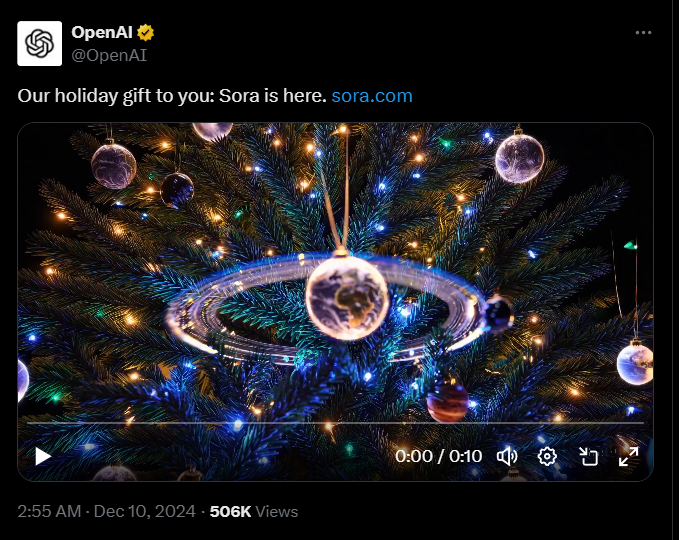 A screenshot of OpenAI's announcement on X about the launch of Sora