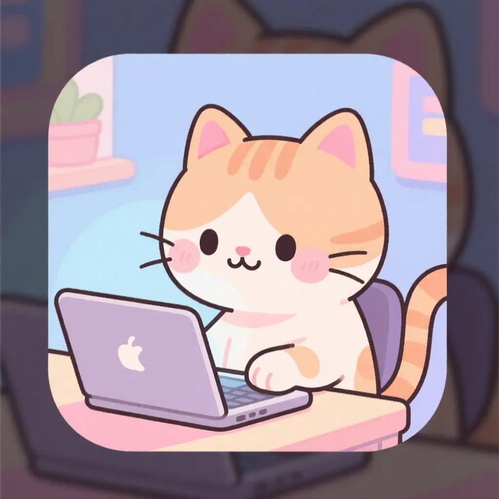 AI Generated Image of A cute pastel-colored illustration of a cat character working on a laptop by Qwen Image API