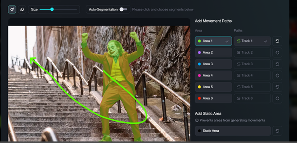 A screenshot of the motion brush settings for the image of Joaquin Phoenix's Joker, that will be used as input for Workflow 2