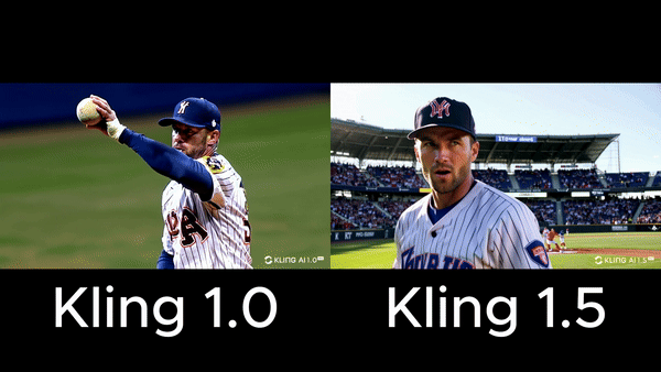 A GIF of a comparison of two different videos of an MLB baseball player hitting a baseball with a baseball bat, with the words "detroit tigers" written on his shirt, one generated by Kling 1.0, while the other is generated by Kling 1.5