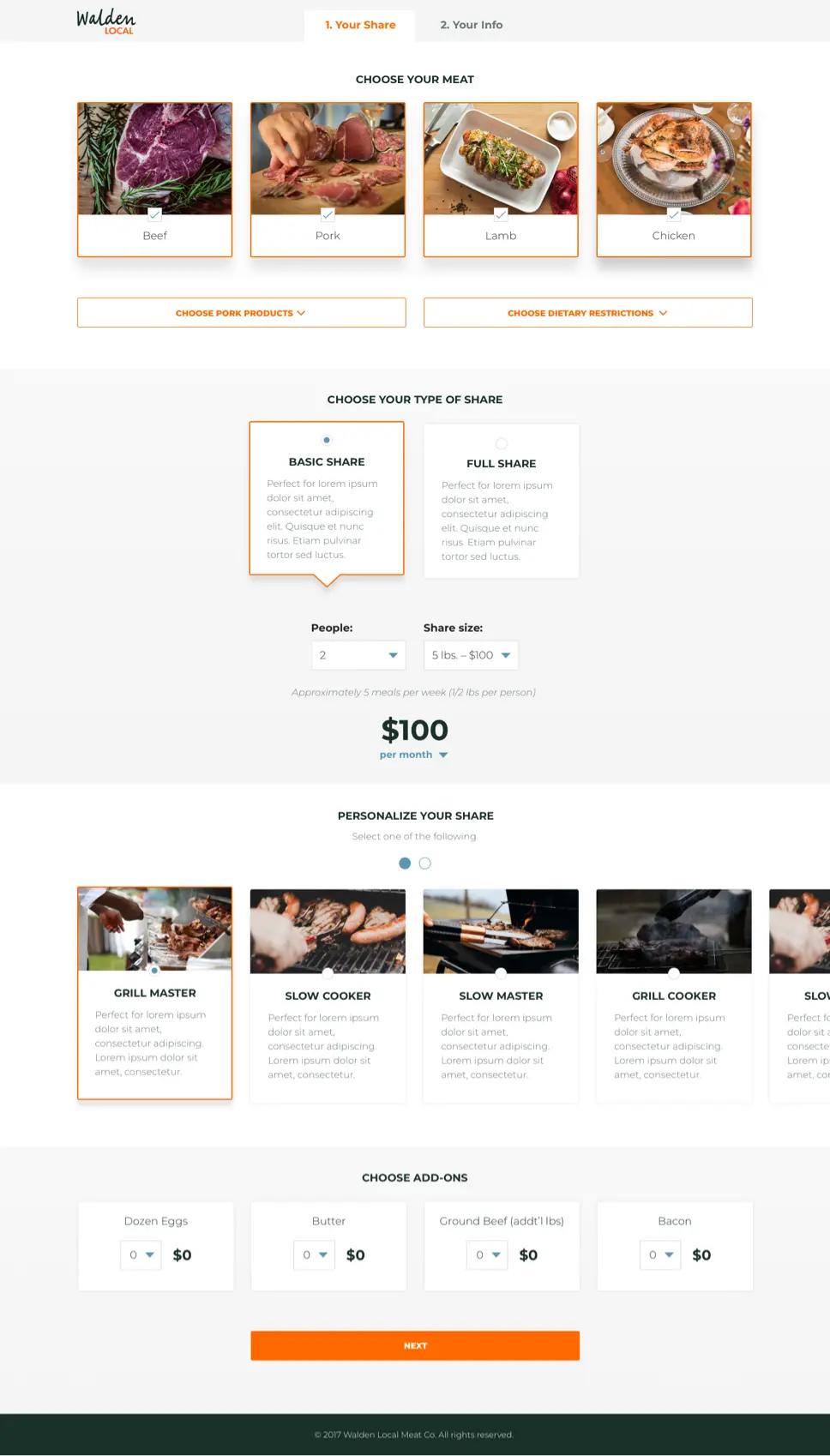 A screenshot of Walden Local Meats' "Basic Share" page.