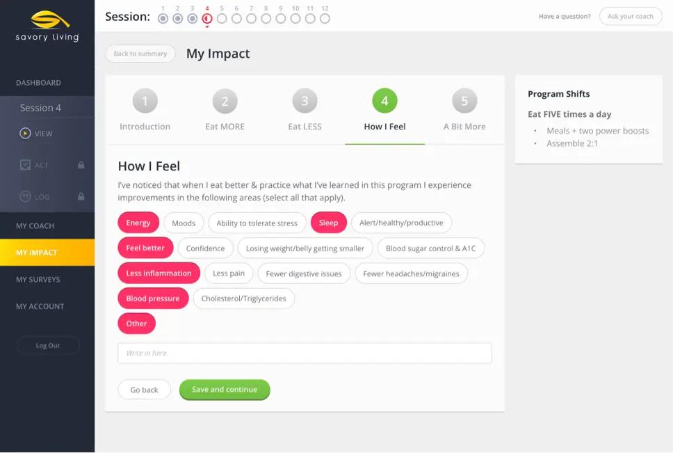 A screenshot of Savory Living's "My Impact" survey.