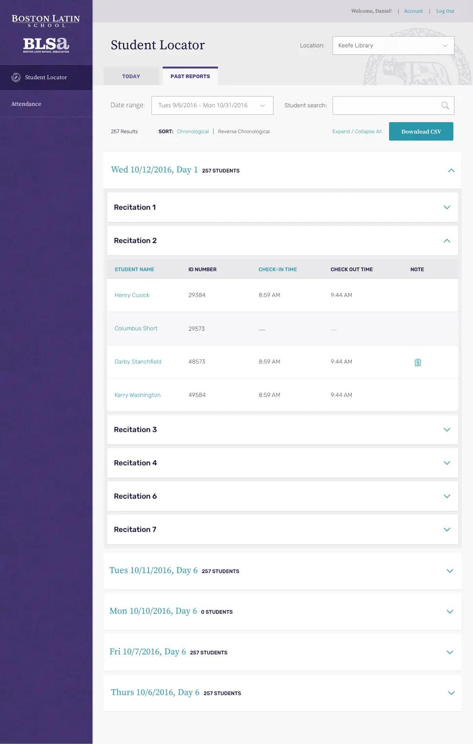 A screenshot of Boston Latin School's student locator "Past Reports" page.