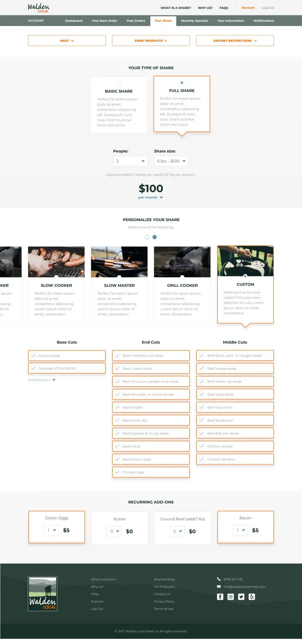 A screenshot of Walden Local Meats' "Full Share" page.
