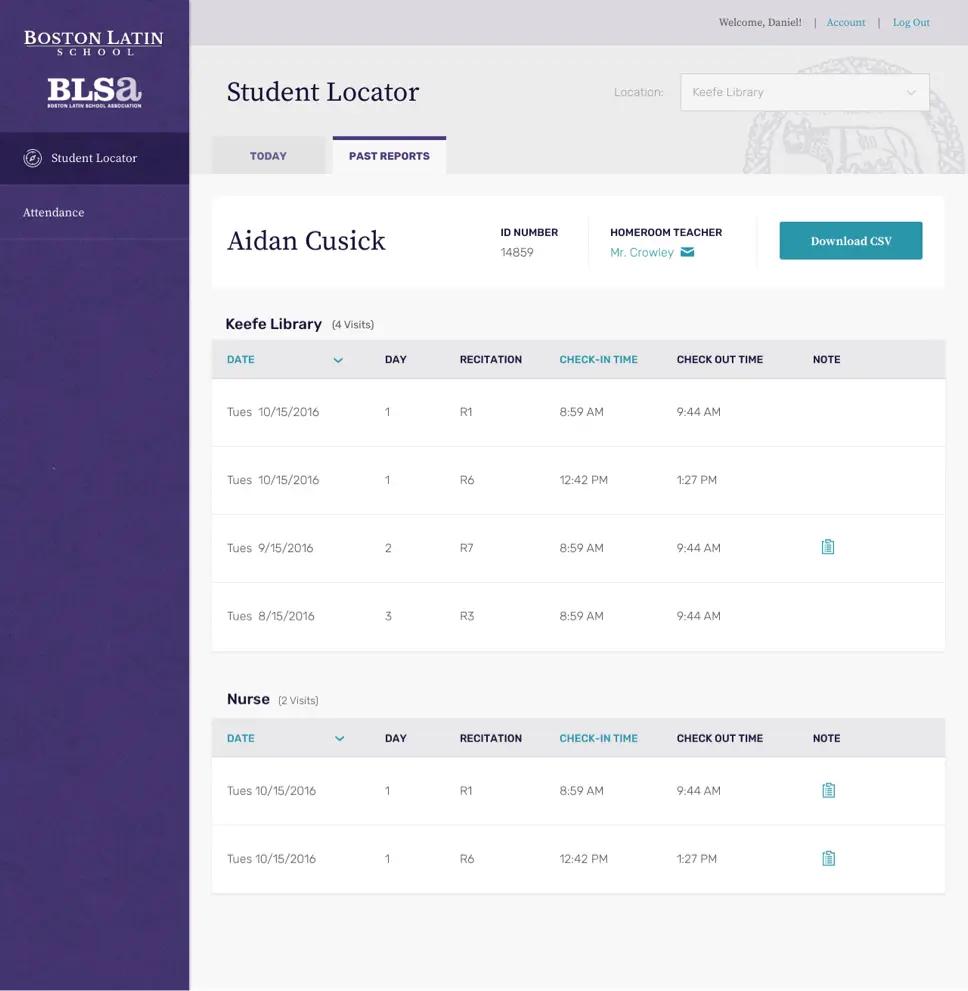 A screenshot of a Boston Latin School student's past attendance reports.