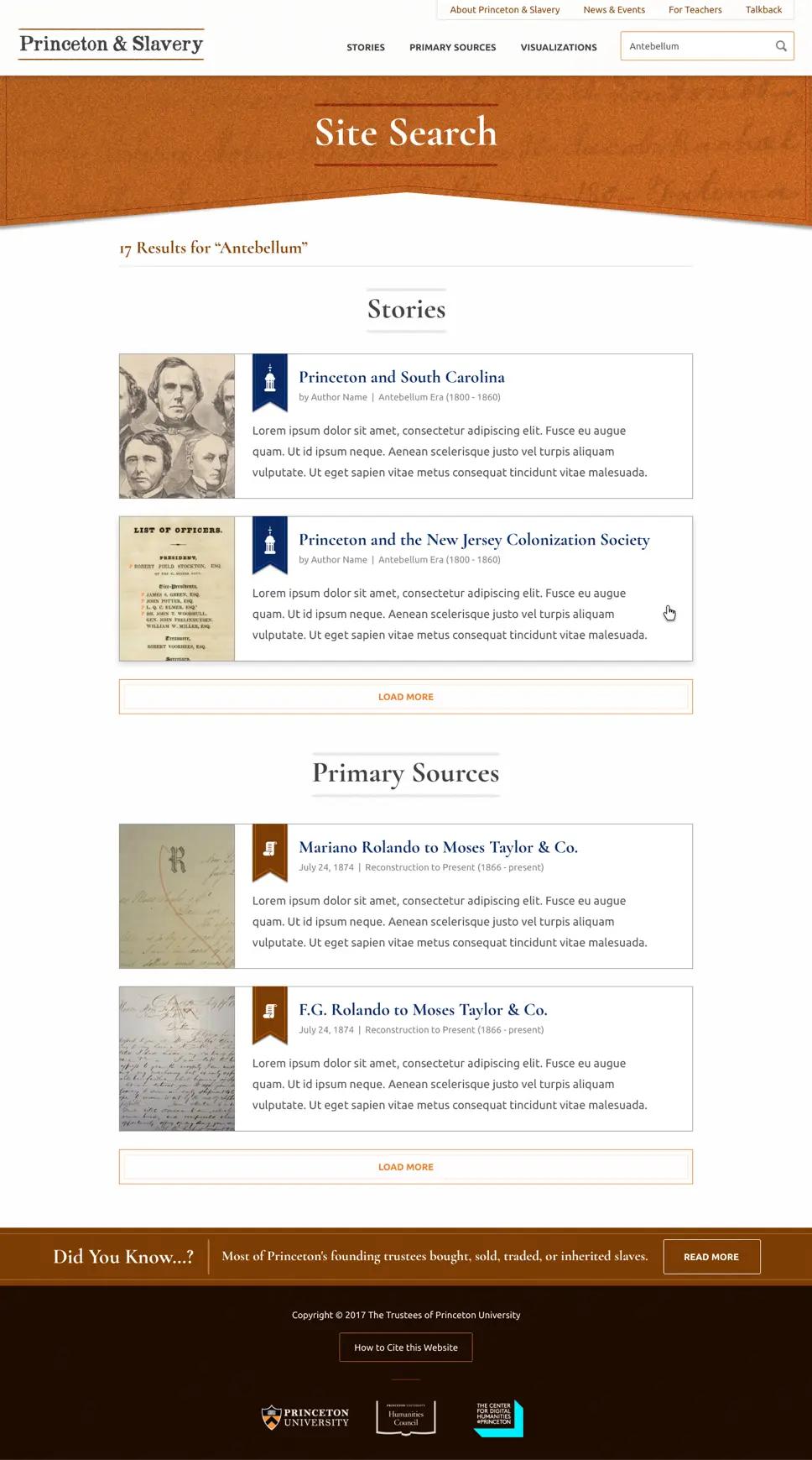 A screenshot of Princeton & Slavery's "Search" page.