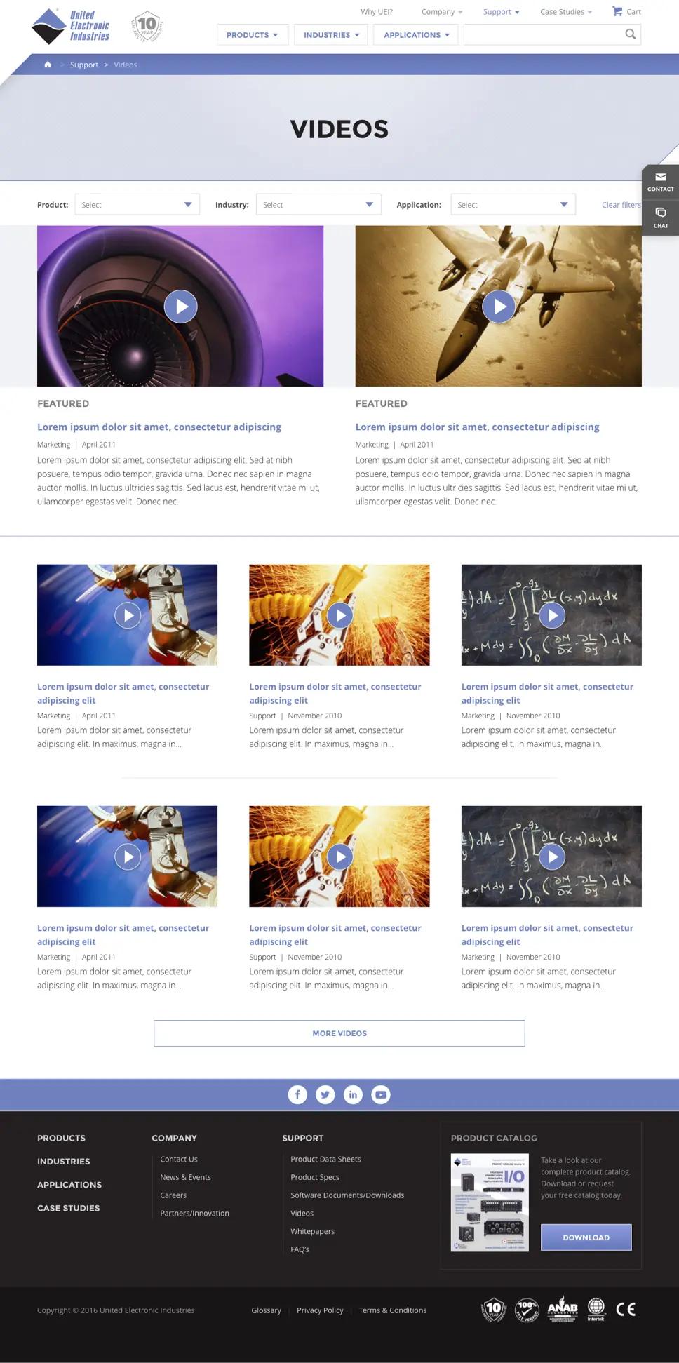 A screenshot of United Electronic Industries' "Videos" page.