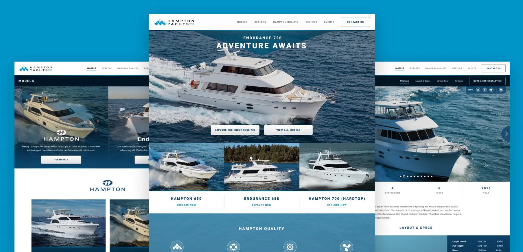 A collection of screenshots of our work on Hampton Yachts' website.