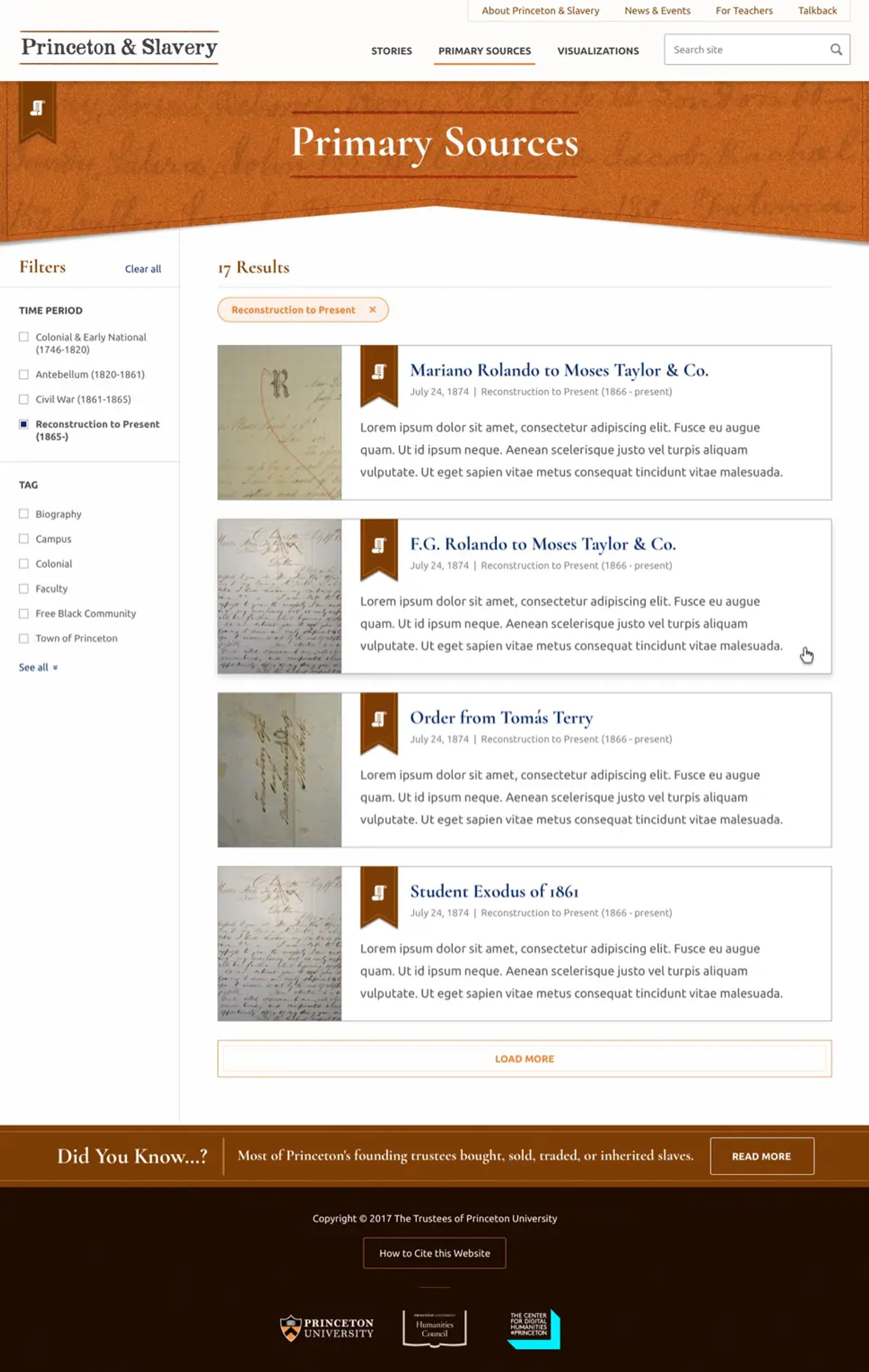 A screenshot of Princeton & Slavery's "Primary Sources" page.