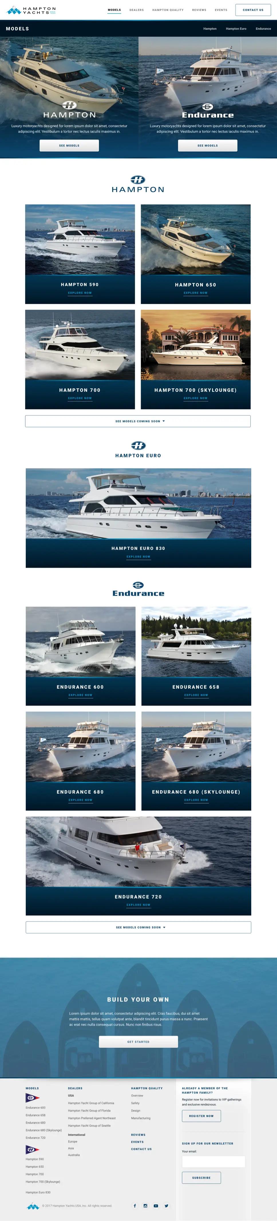 A screenshot of Hampton Yachts' "Models" page.
