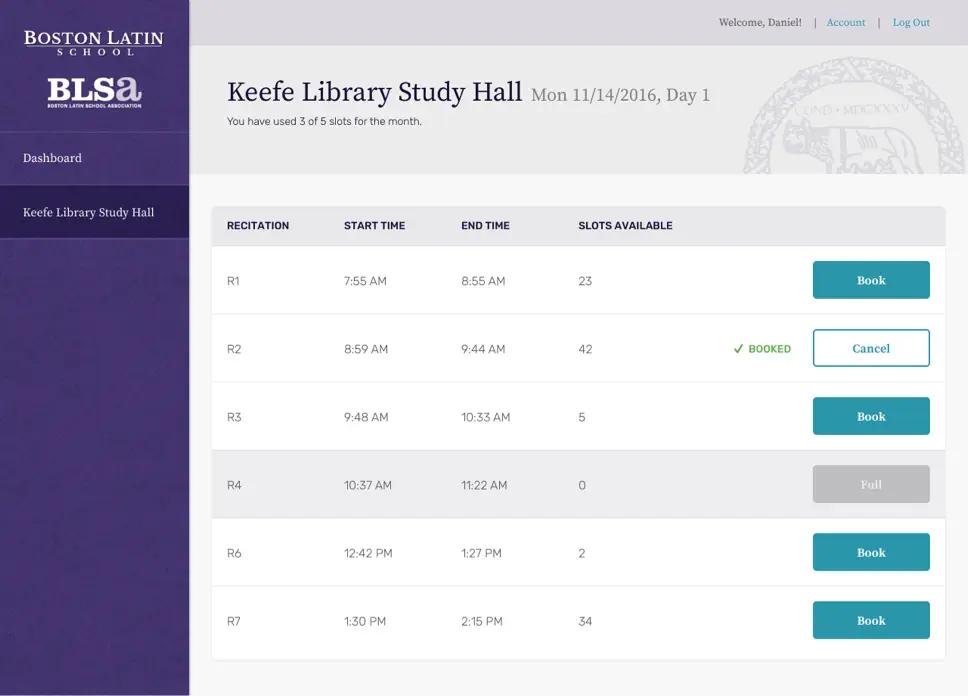 A screenshot of a Boston Latin School space booking page.
