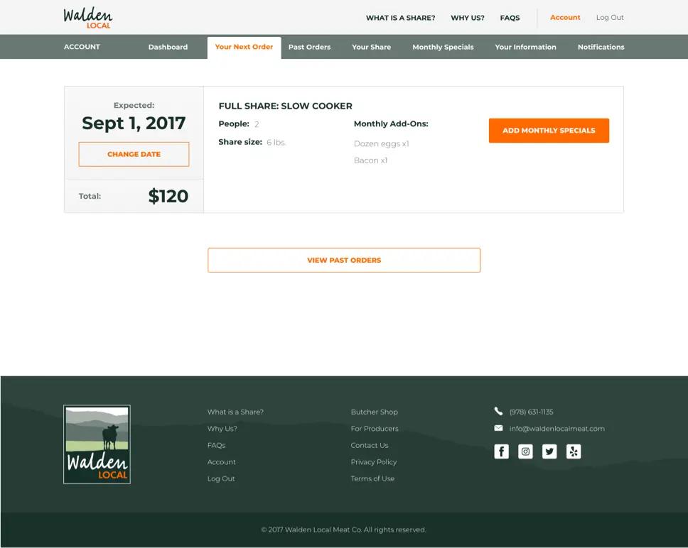 A screenshot of Walden Local Meats' "Orders" page.