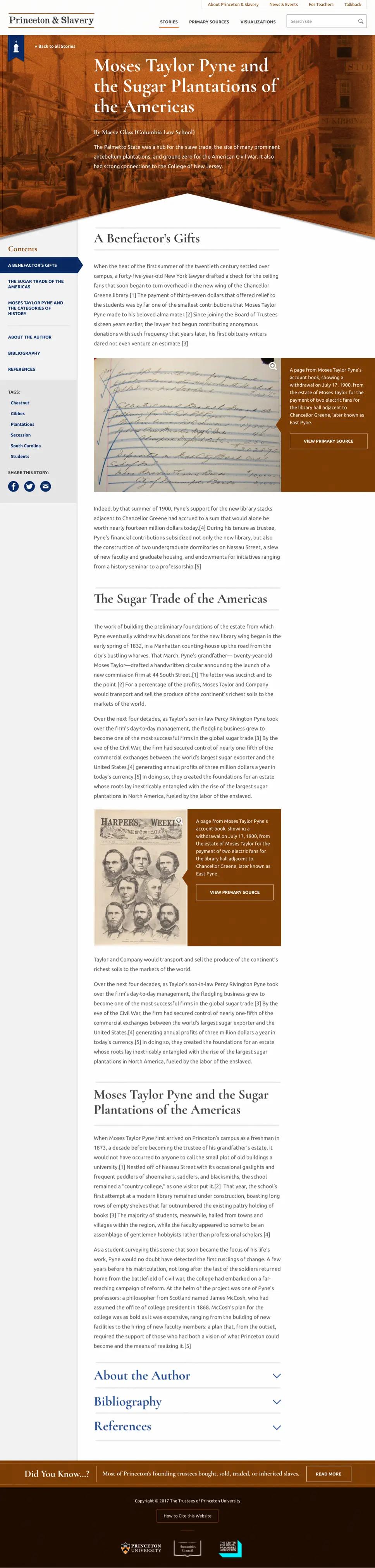 A screenshot of a Princeton & Slavery "Story" page.