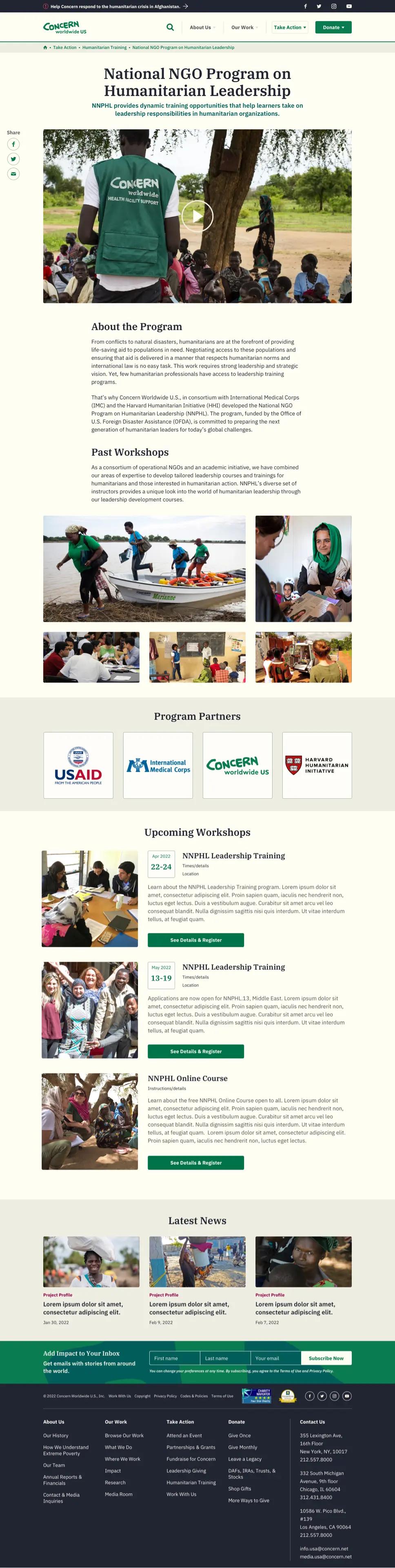 A screenshot of a humanitarian training page on Concern's website.