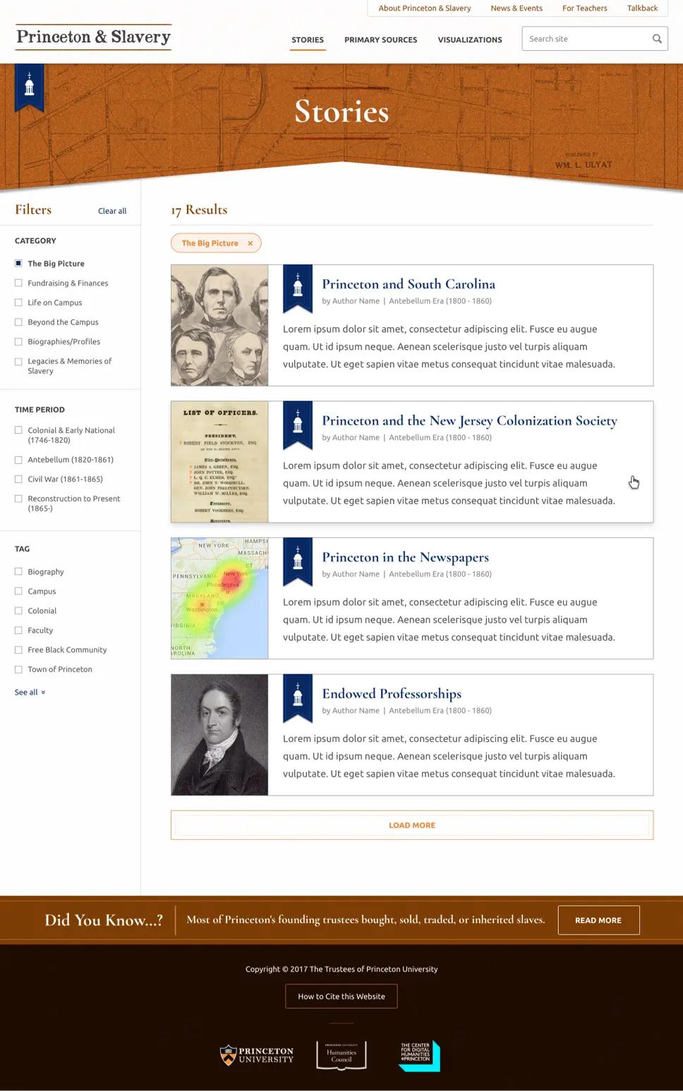 A screenshot of Princeton & Slavery's "Stories" page.