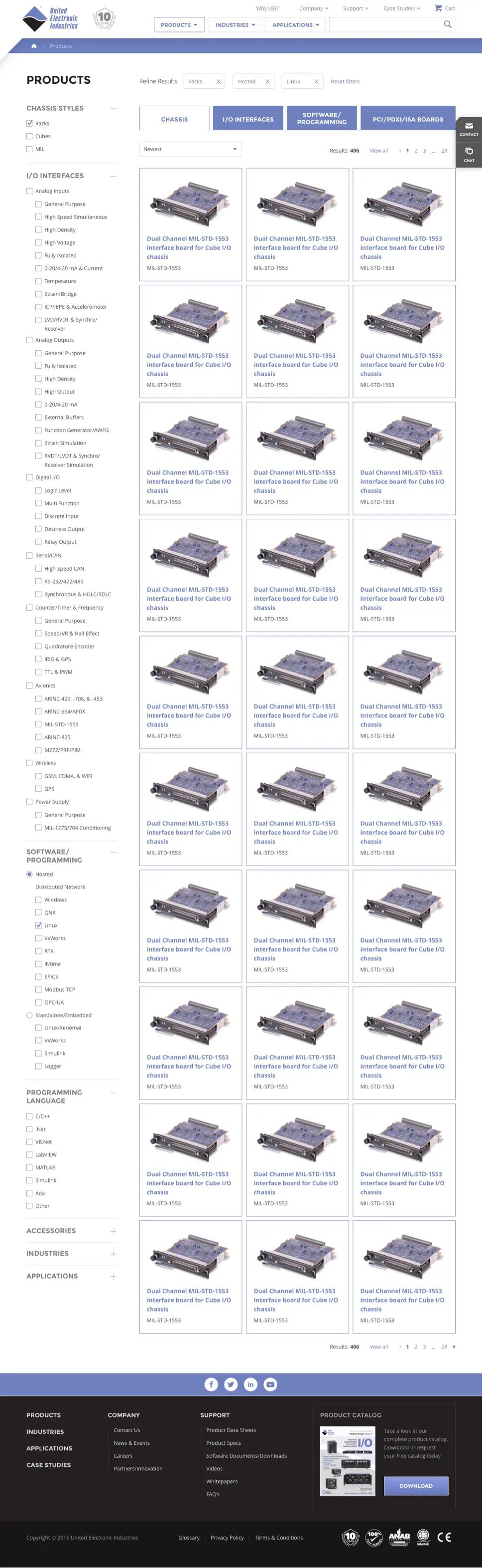 A screenshot of United Electronic Industries' "Products" page.