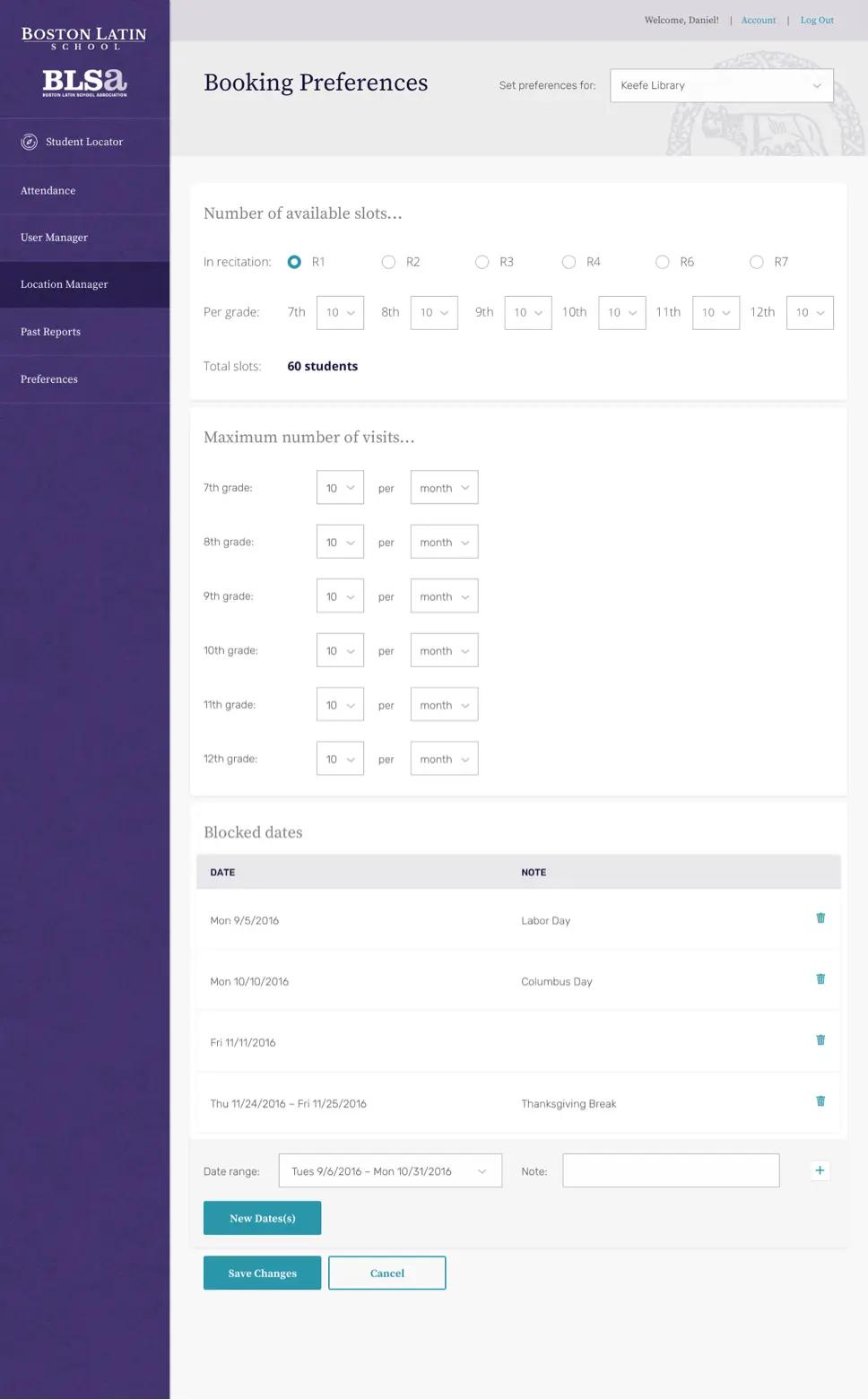 A screenshot of Boston Latin School's "Booking Preferences" page.