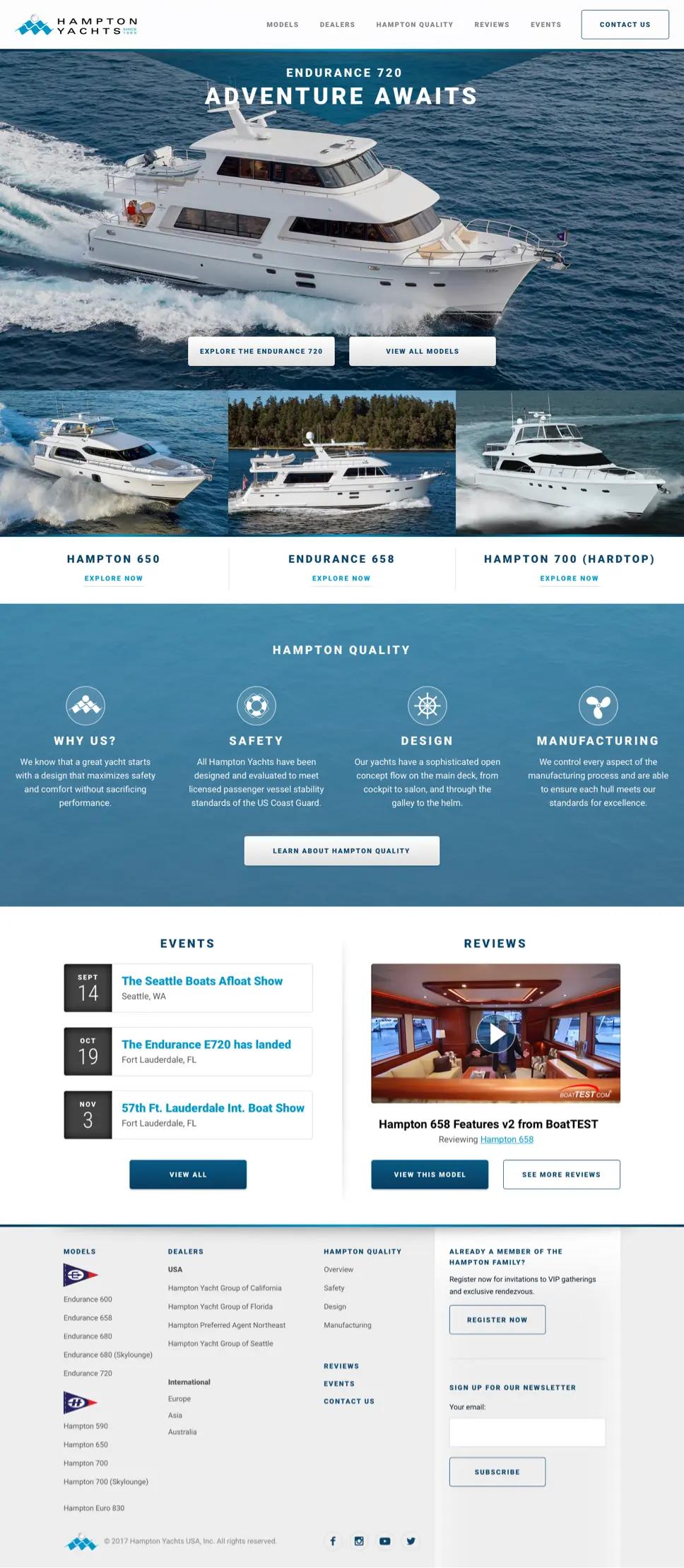 A screenshot of Hampton Yachts' homepage.