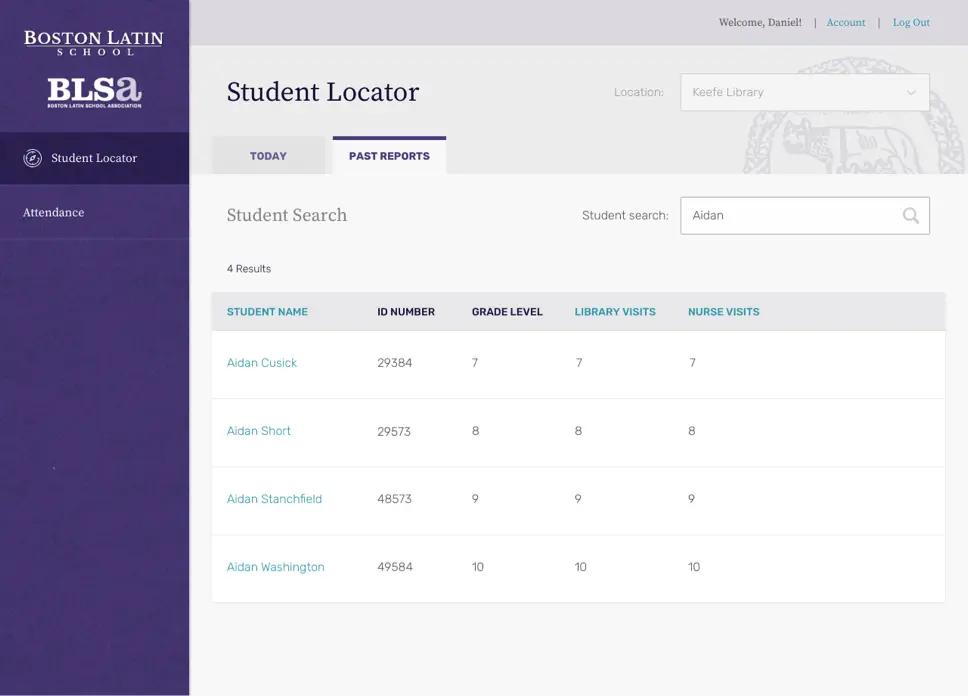 A screenshot of a search of Boston Latin School's student locator "Past Reports" page.