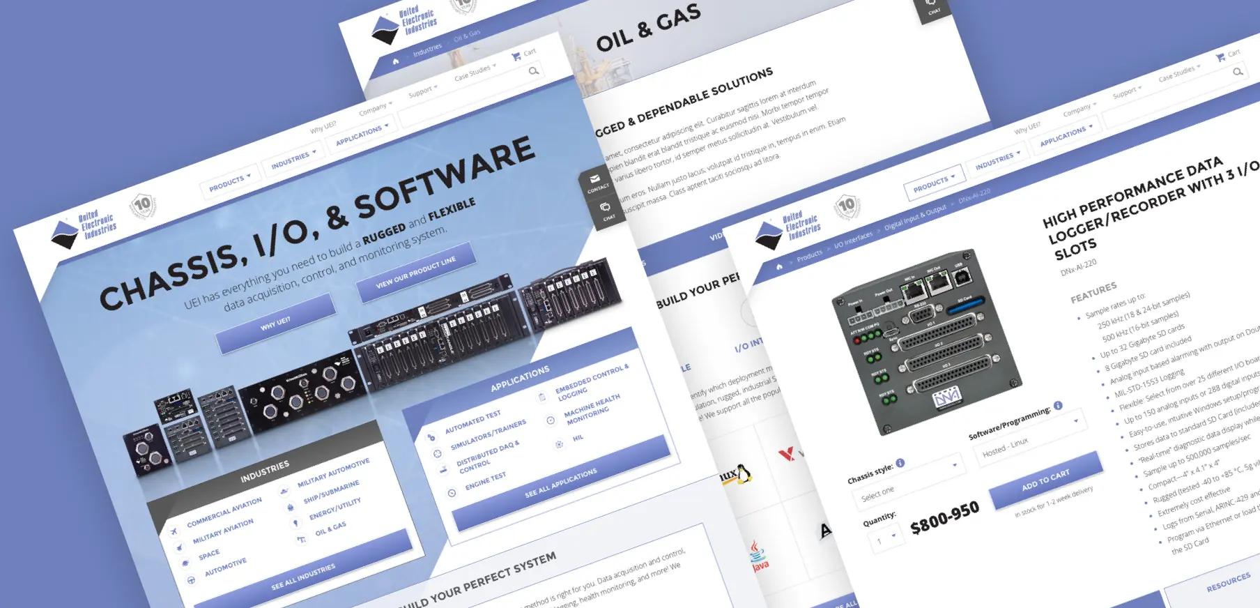 A collection of screenshots of our work on United Electronic Industries' website.