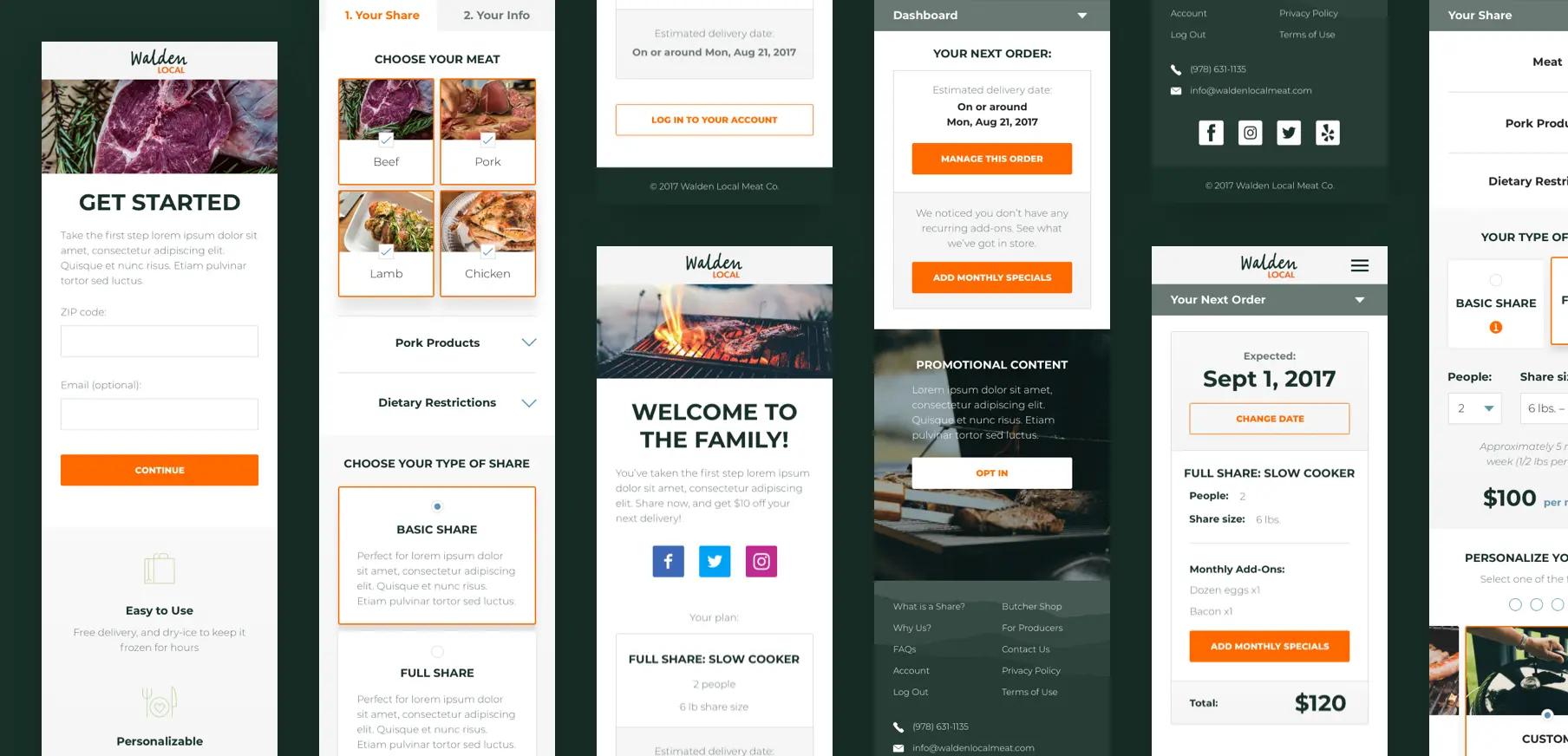 A collection of screenshots of our work on Walden Local Meats' web app.