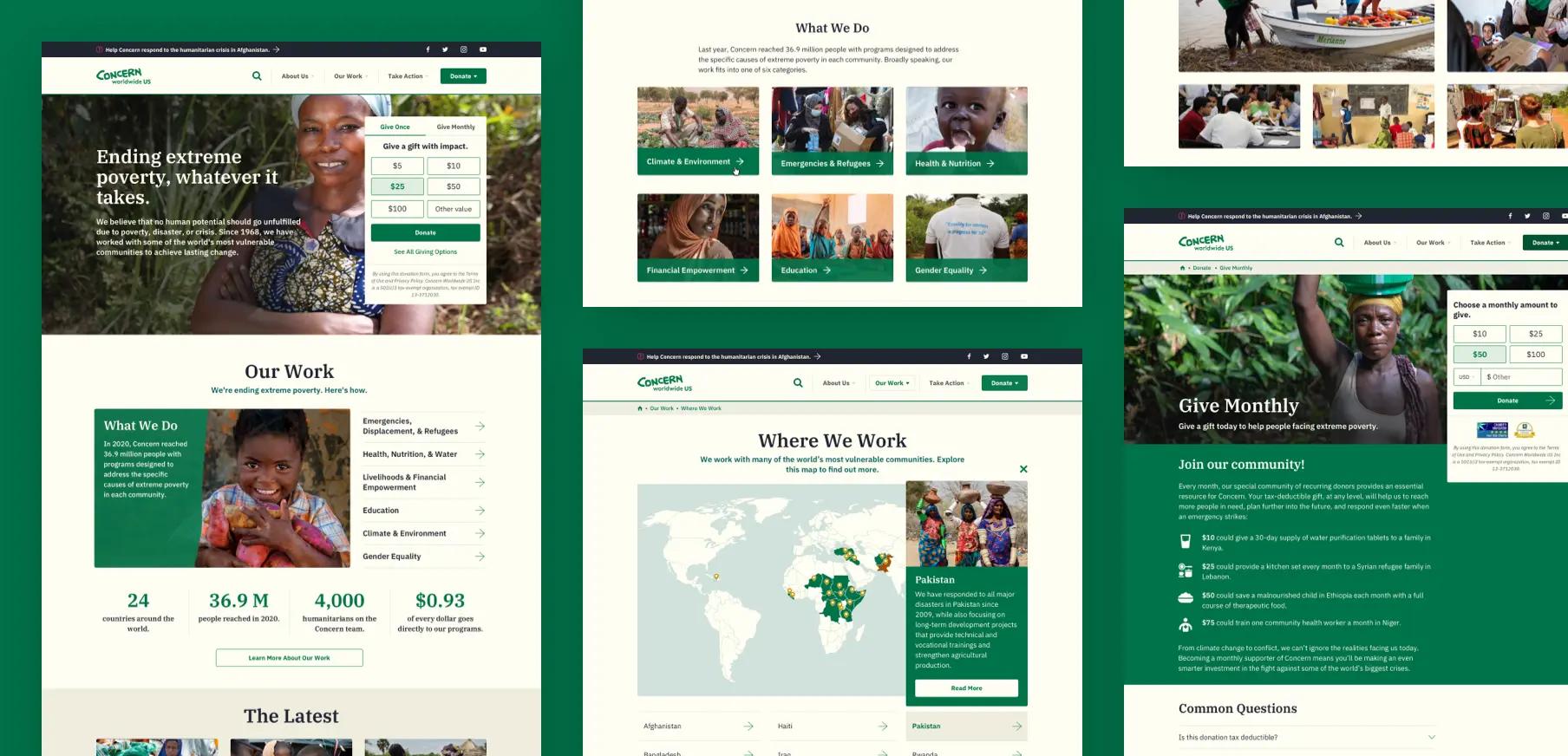 A collection of screenshots of our work on Concern Worldwide's US website.