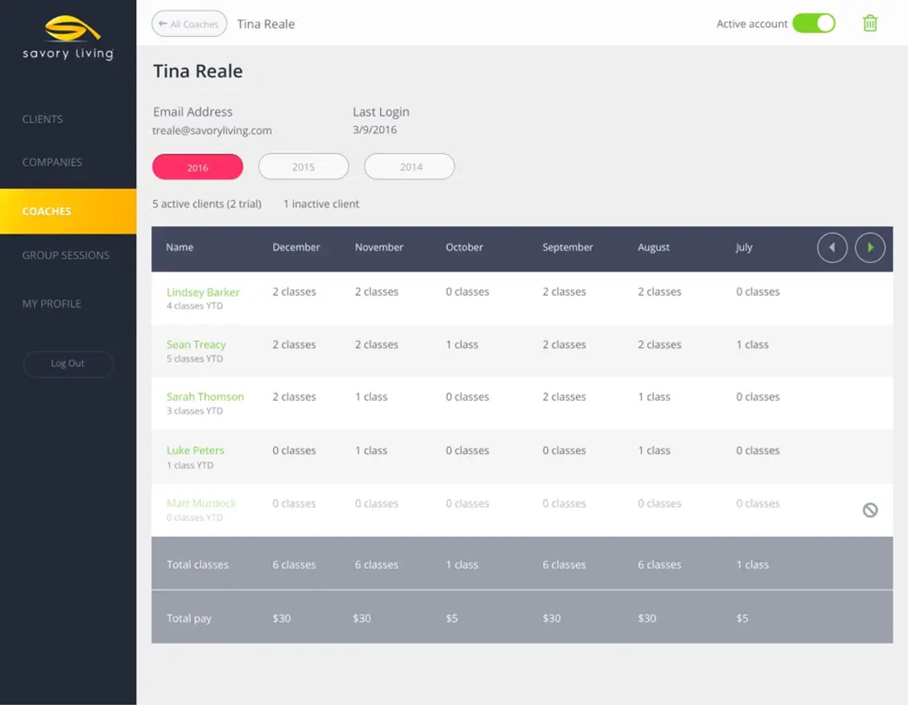 A screenshot of Savory Living's coaches dashboard.