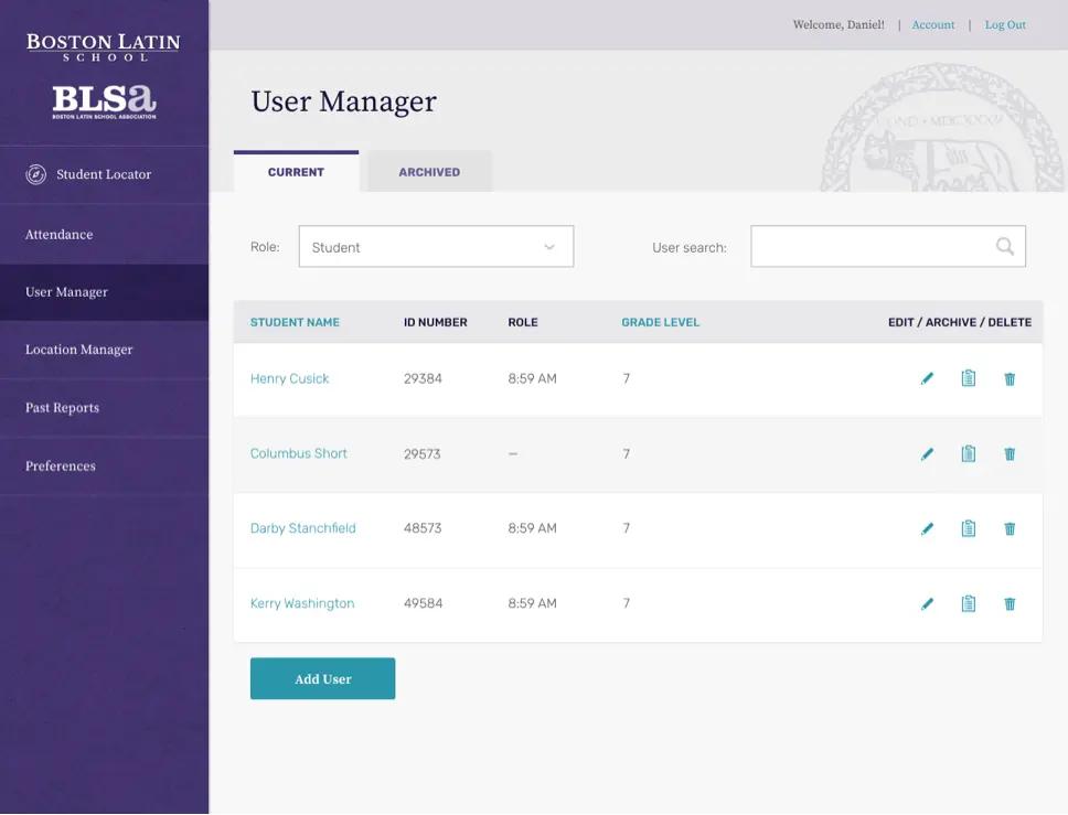 A screenshot of Boston Latin School's "User Manager" page.