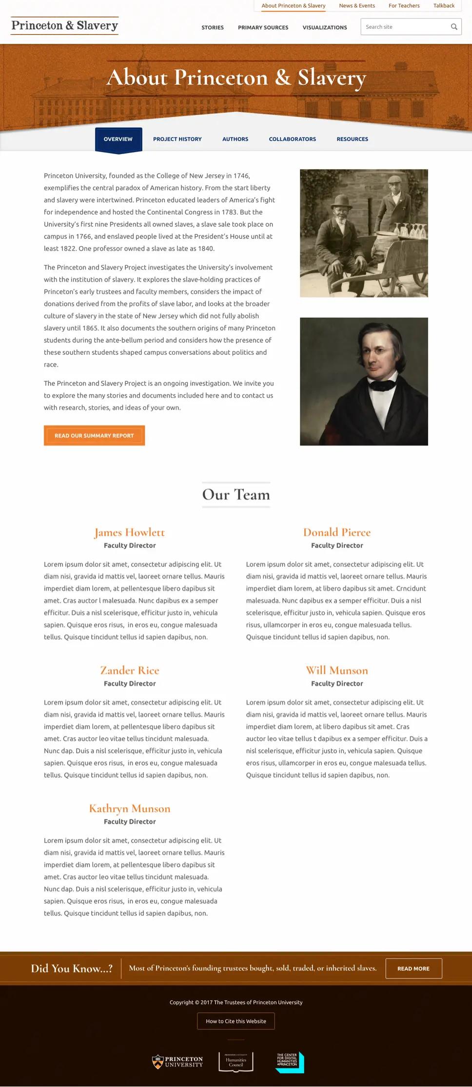 A screenshot of Princeton & Slavery's "About" page.