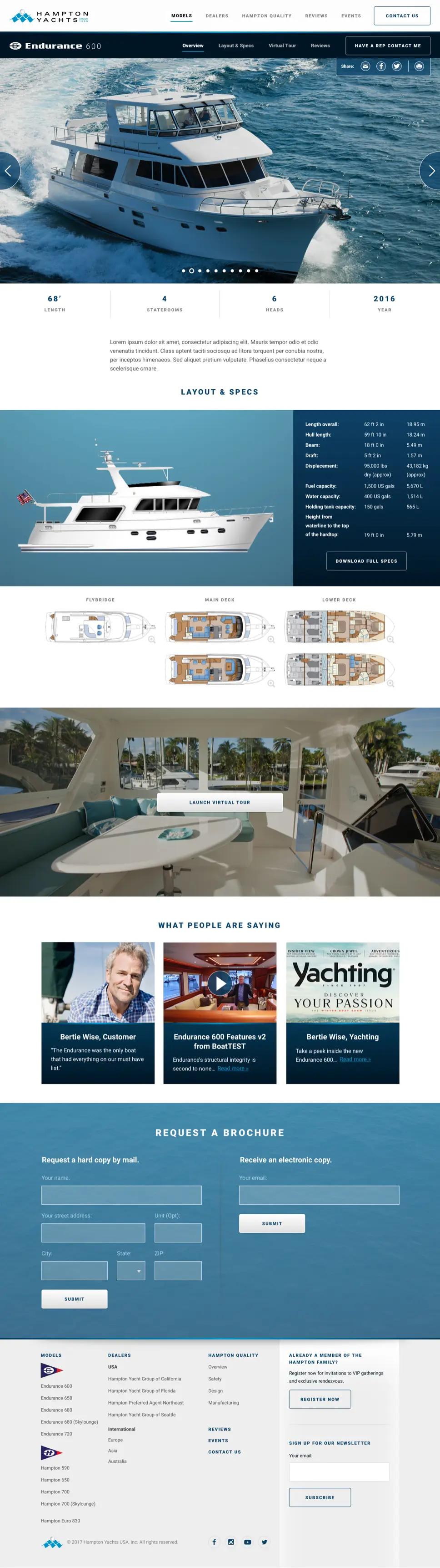 A screenshot of a Hampton Yachts' yacht model overview page.