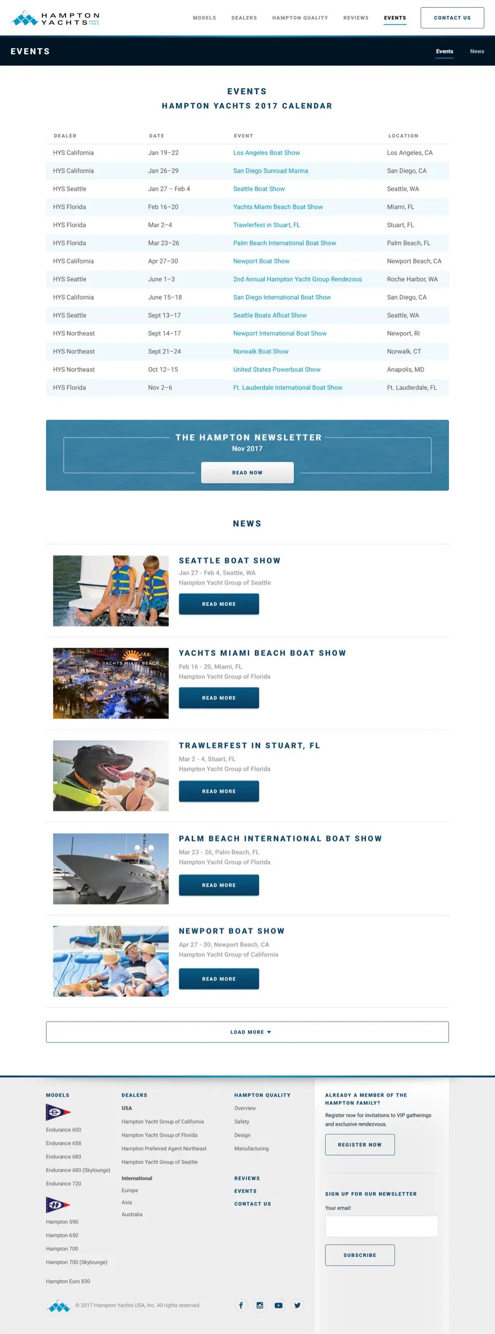 A screenshot of Hampton Yachts' "Events" page.