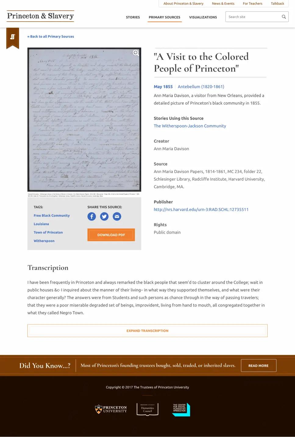 A screenshot of a Princeton & Slavery "Primary Source" page.