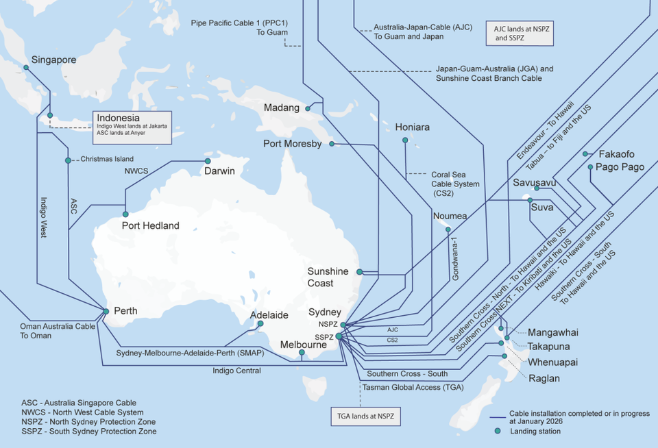 Map of submarine cables landing in Australia. Source.