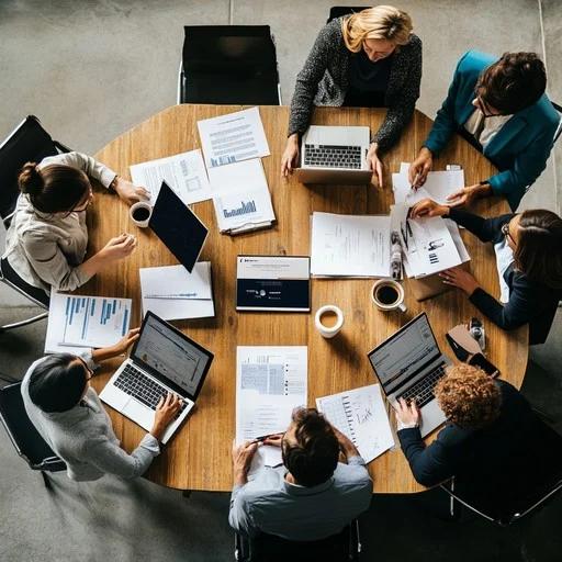 Corporate event planning team working around a conference table