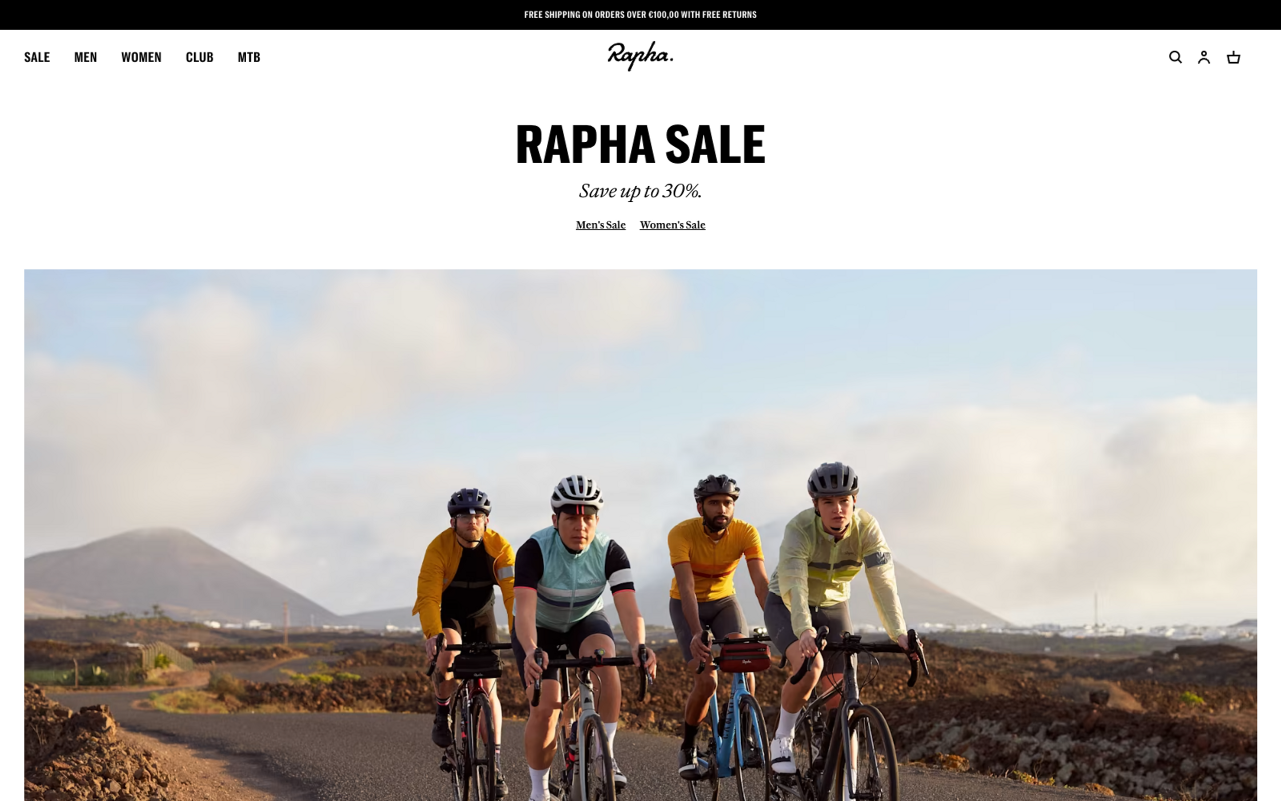 A screenshot of Rapha wesbite with a cyclist on a bike