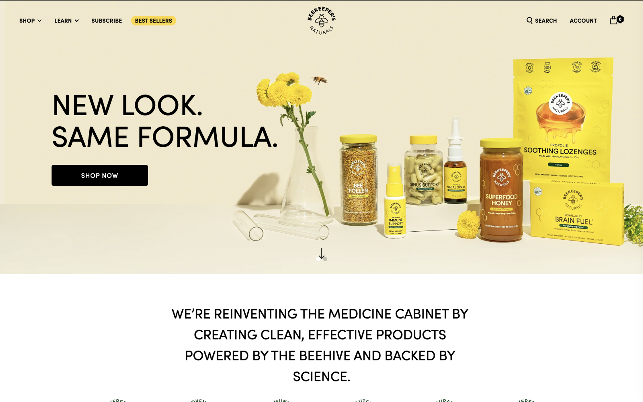 A screenshot of the Hero Section of Beekeeper's Naturals, presenting various beauty products.